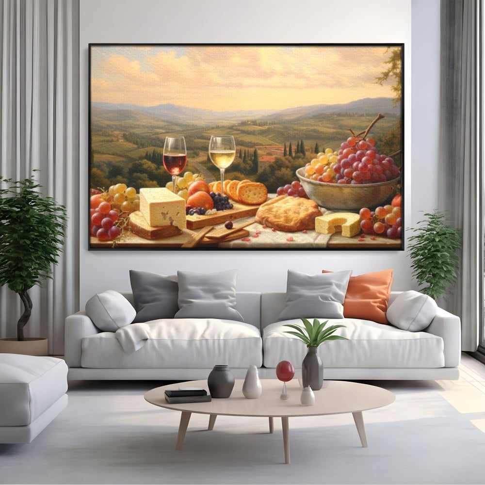 Tablou canvas cu tablou canvas cu peisaj tomnatic si masa imbelsugata, in rama de aluminiu negru, pe perete intr-un living